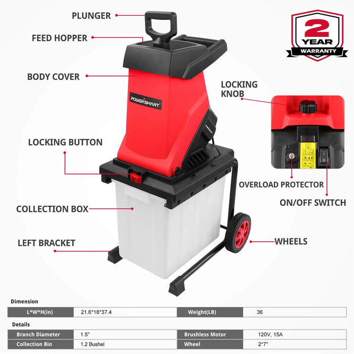 PowerSmart 15Amp Electric Wood Chipper Leaf Mulcher w/ Collection Bin PS12A
