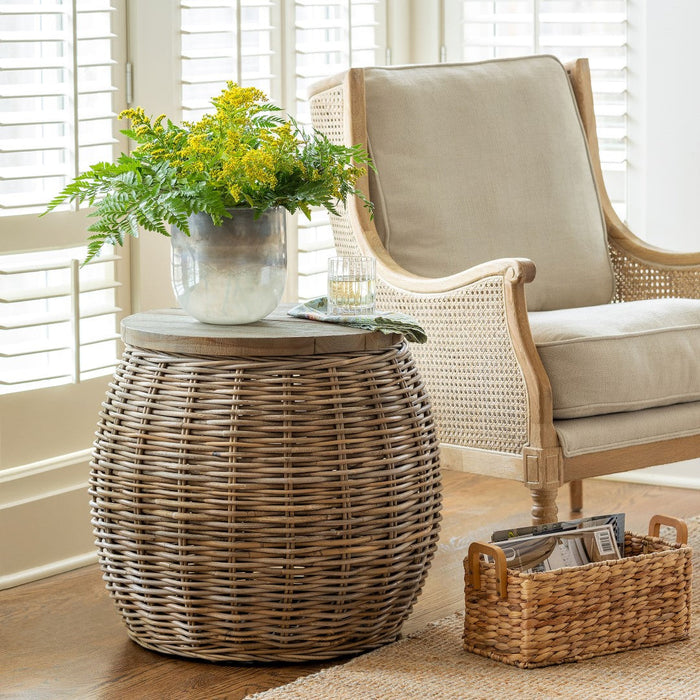 Park Hill Collection Rattan Side Table with Removable Teak Top (