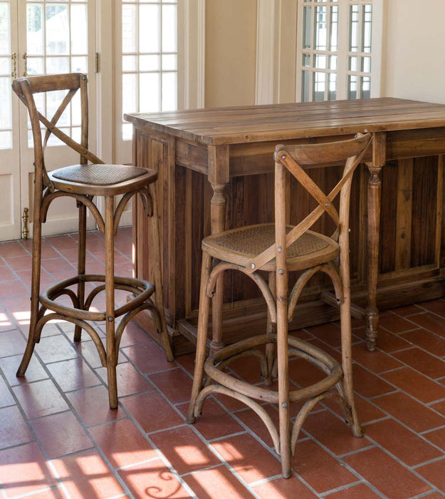 Park Hill Collection Wooden Cross Back Counter Stool - Rustic Aged Finish, Cane Woven Seat, Perfect for Farmhouse Decor