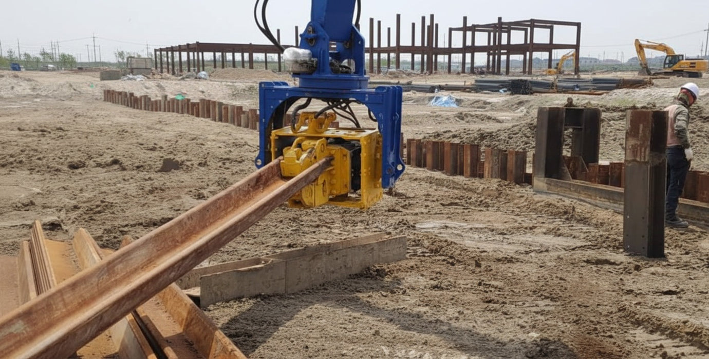 RAMEX auto-tilting vibro hammer lifting a sheet pile from the ground