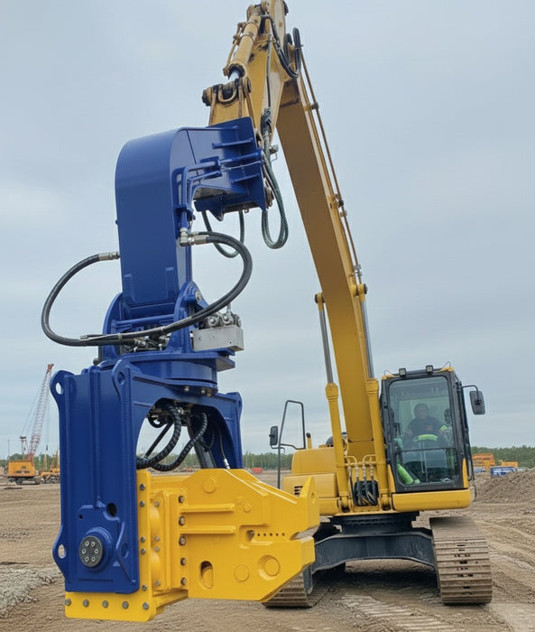 RAMEX auto-tilting vibro hammer tilted on an excavator, side view
