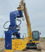 RAMEX auto-tilting vibro hammer tilted on an excavator, side view