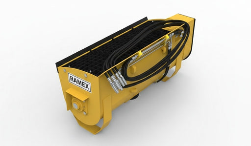 RAMEX concrete mixing bucket three-quarter view showing the hydraulic drive