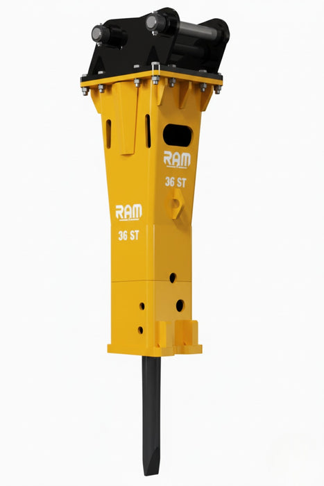 RAMEX RAM hydraulic breaker on a white background, three-quarter view, representative photo