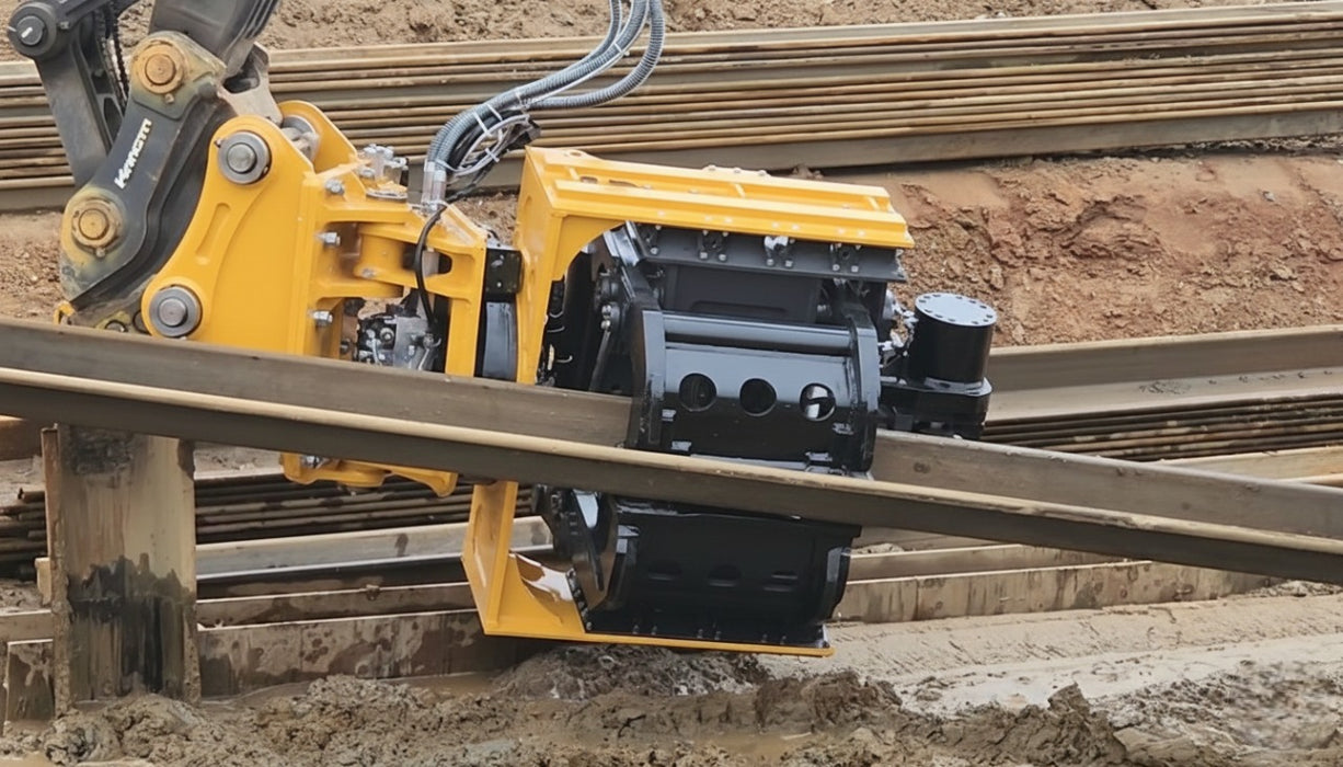 RAMEX side-grip vibro hammer, close-up of the side clamp gripping a steel sheet pile