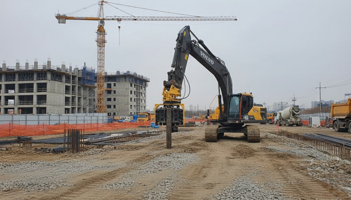 RAMEX side-grip vibro hammer driving a pile on a building site