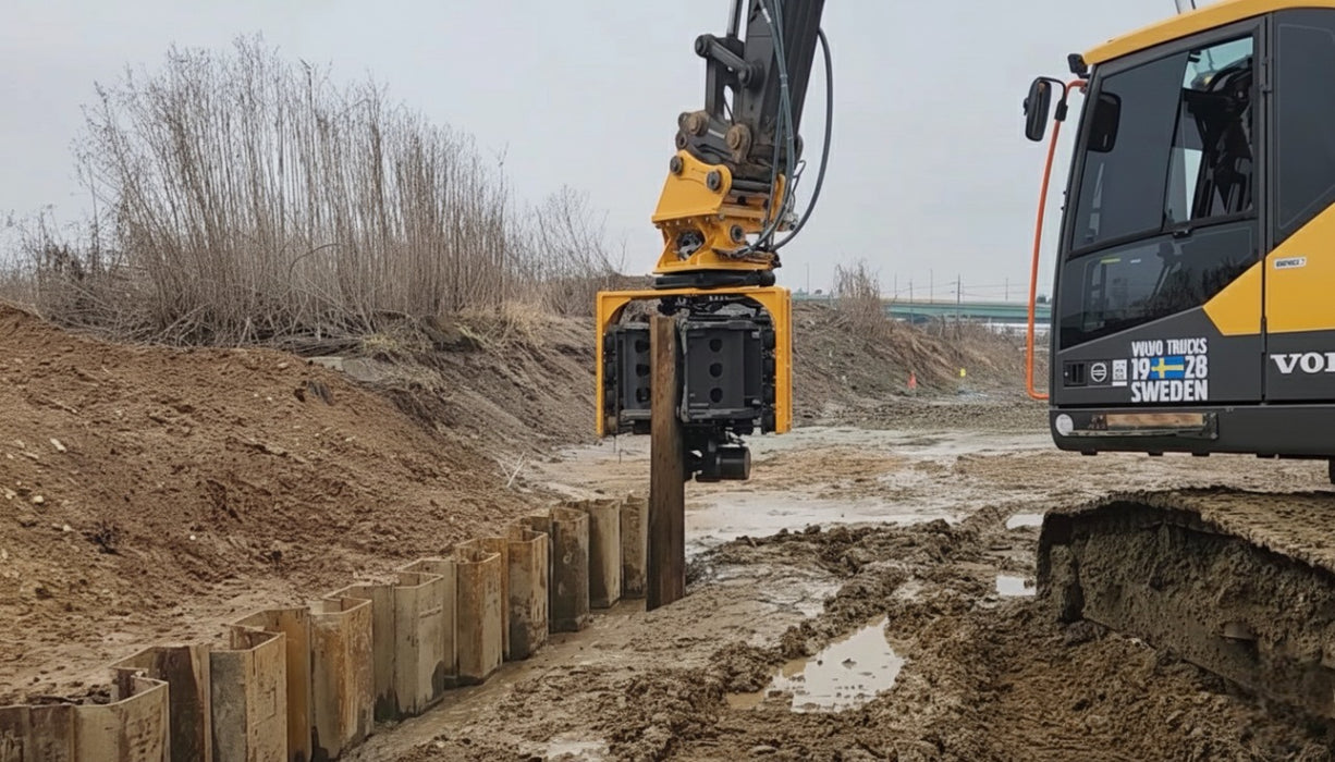 RAMEX side-grip vibro hammer installing sheet piles along an excavation