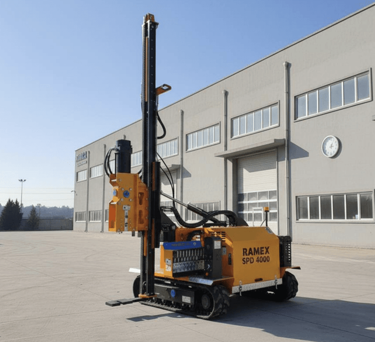 RAMEX SPD solar pile driver parked beside the factory