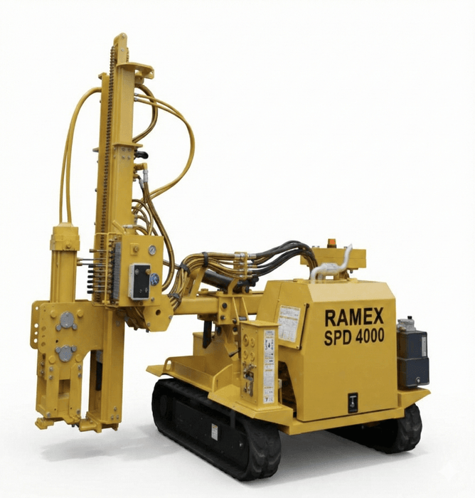RAMEX SPD solar pile driver with the mast raised, studio view