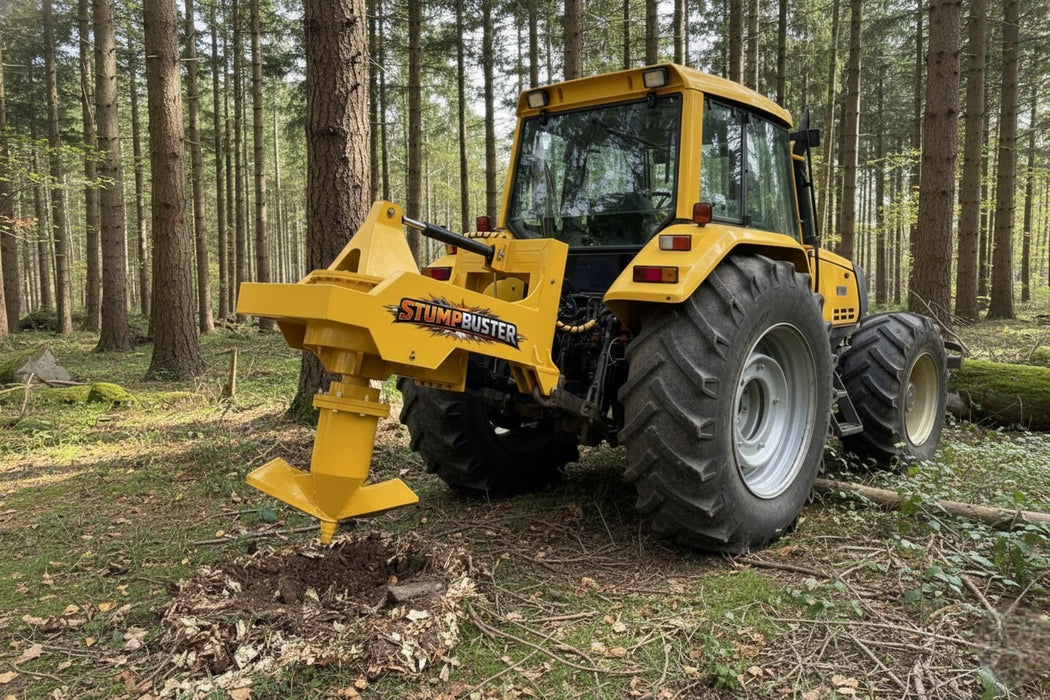 RAMEX Stumpbuster stump grinder grinding a stump in a forest clearing