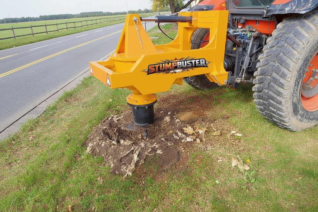 RAMEX Stumpbuster stump grinder grinding a stump on a roadside verge