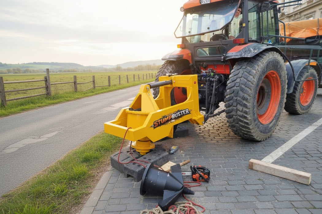 RAMEX Stumpbuster stump grinder on a tractor beside a row of stumps