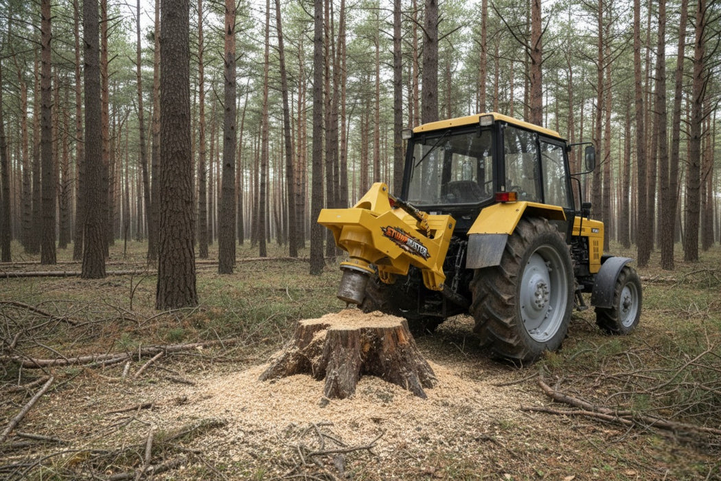 RAMEX Stumpbuster stump grinder working in a pine forest