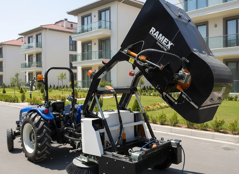 RAMEX SweepTrac road sweeper with the debris tank raised for dumping