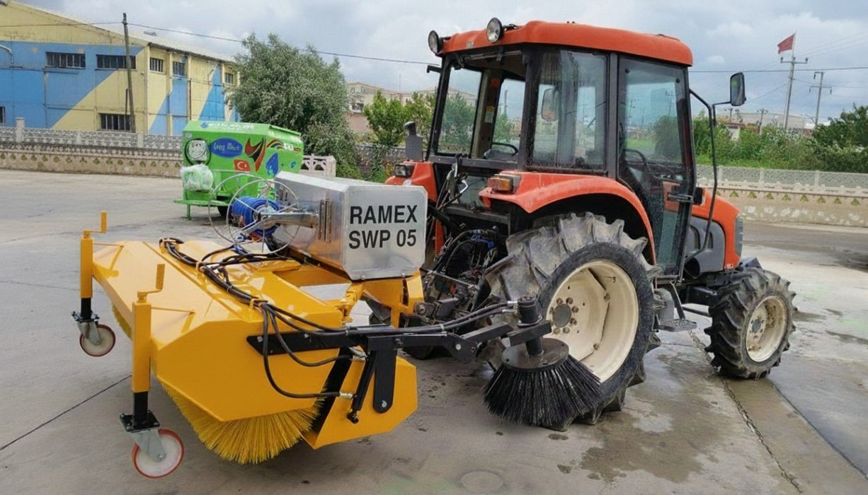 RAMEX SWP tractor sweeper mounted on a red tractor