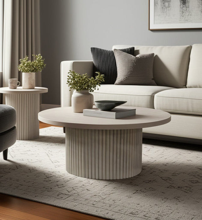 Alpine Furniture Cleo Reba Round Cocktail Table, White Wash