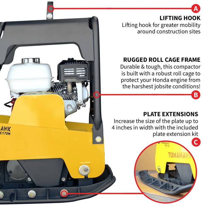 6.5 HP Honda Reverse Hydraulic Plate Compactor for Asphalt, Aggregate, Cohesive Soil Compaction - specifications diagram