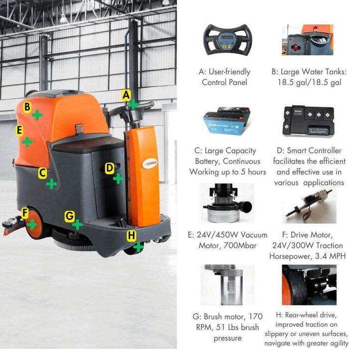 RT70 Ride-On Floor Scrubber, 22" Cleaning Path, 48,000 sq ft/hr, 18.5 gal Tanks – For Warehouses & Retail Stores
