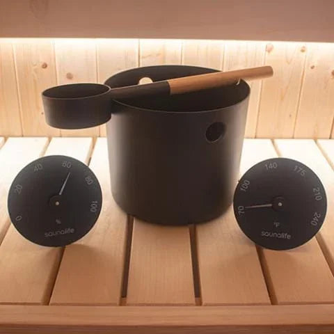 Green Vista Living SaunaLife Accessory Package 5 Bucket, Ladle, Hygrometer and Thermometer, Black