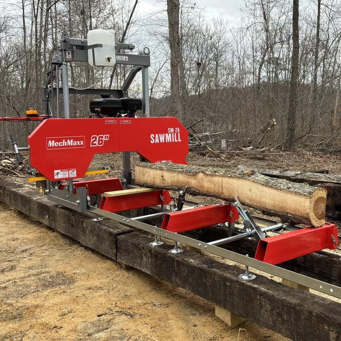 26" Portable Sawmill,  459cc 15HP E-Start Gasoline Engine,  20" Board  Width,  13' Track Length ,  SM-26
