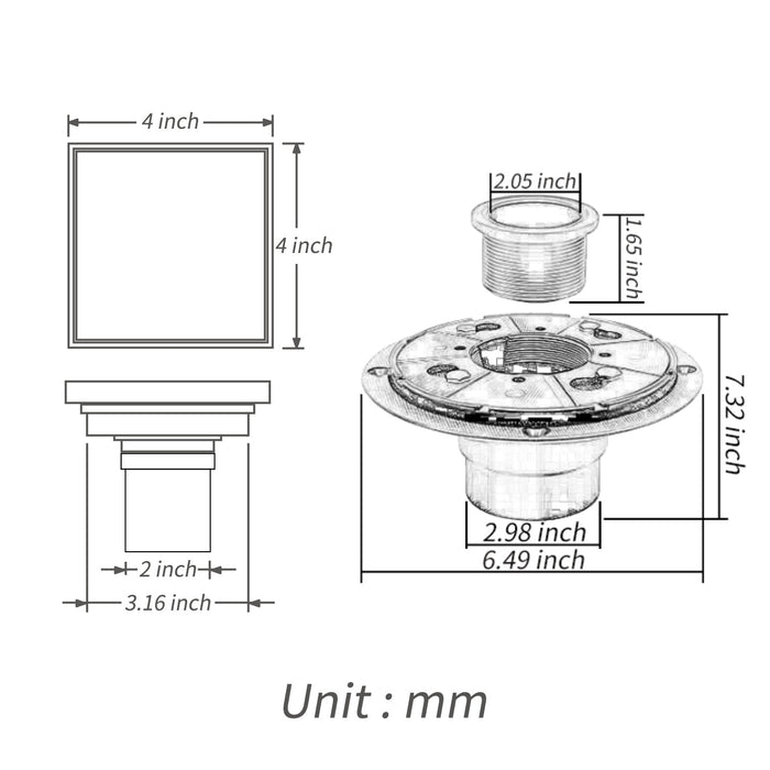 wonderland shower inc Chrome brass floor drain 4x4inch Shower Accessory - Detail View