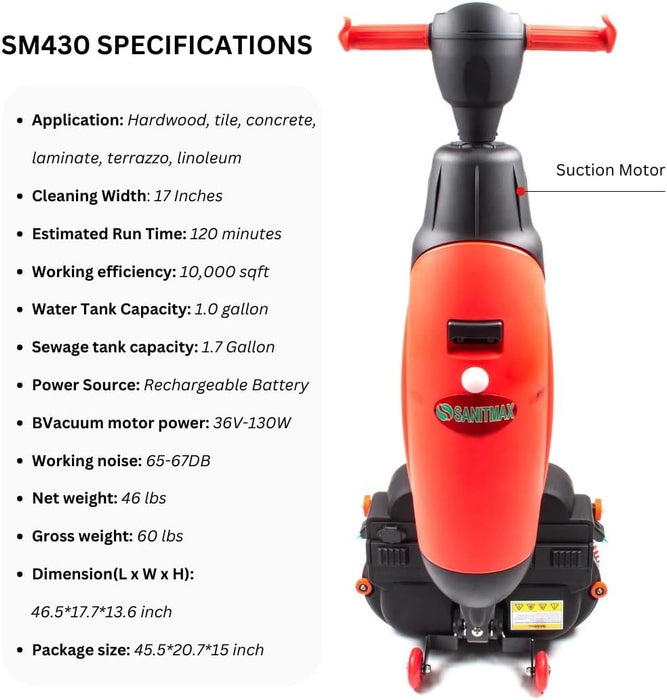 SANITMAX SM430 17" Walk-behind Floor Scrubber Machine, 360 Degree Rotating Head, 10000 sqft/h, Cordless... - Features