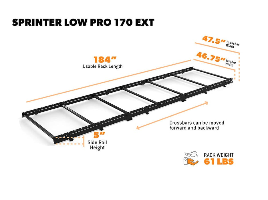 Flatline Van Co. 2007-2026 Mercedes-Benz Sprinter Van Low Pro Roof Rack 170" EXT – dimensions diagram, image 7 of 7