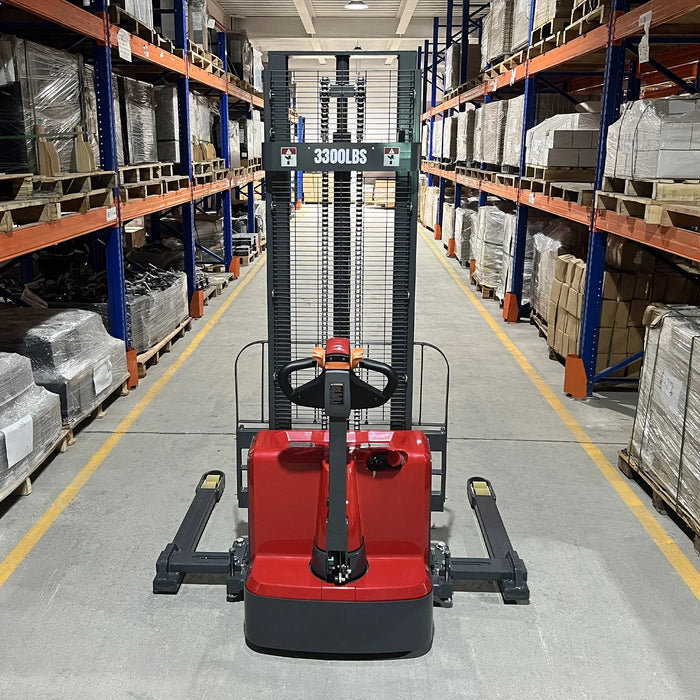 3300lbs Electric Straddle Stacker,  98" Lift,  Adjustable Legs & Forks — detail view