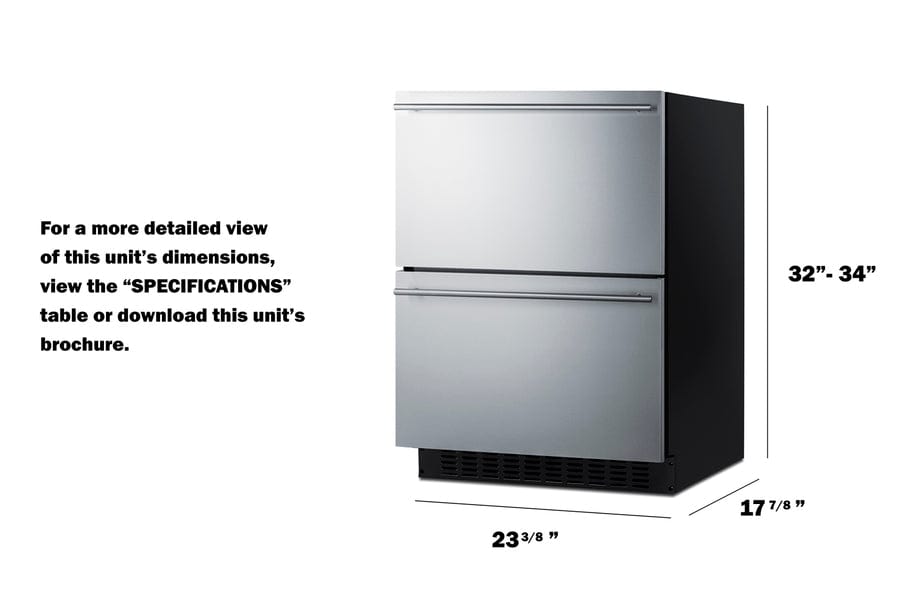 Summit 24" Wide 2-Drawer All-Refrigerator / 3.1 cu.ft. Capacity, ADA Compliant Design, Adjustable Height, Built-In Capable, Stainless Steel Drawers, Panel-Ready Drawer Fronts, Professional Handles, Frost-Free / ASDR2414