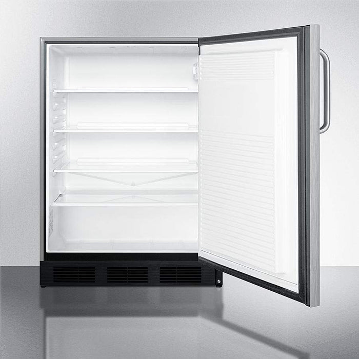 Summit 24" Wide Outdoor All-Refrigerator, ADA Compliant / 5.5 cu.ft. Capacity, Stainless Steel Exterior, Automatic Defrost, Ground Fault Circuit Interrupter, Professional Towel Bar Handle, Adjustable Glass Shelves / SPR7BOSSTADA