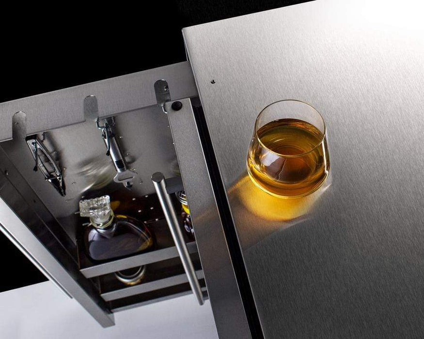 Summit 24" Wide 19” Deep Outdoor Built-In All-Refrigerator With Slide-Out Storage Compartment / 3.13 cu.ft. Capacity, Vinyl Outdoor Cover, Stainless Steel Shelves, Factory Installed Lock, Professional Handles / SPR196OS24