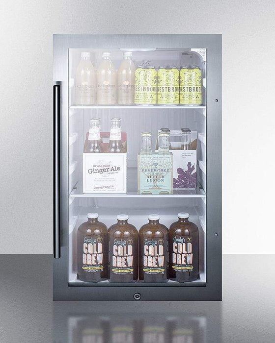 Summit 19” Wide Shallow Depth Indoor/Outdoor Beverage Cooler / 3.13 cu.ft. Capacity, Double Pane Tempered Glass Door, Automatic Defrost, Reversible Door, Factory Installed Lock / SPR489OSADA