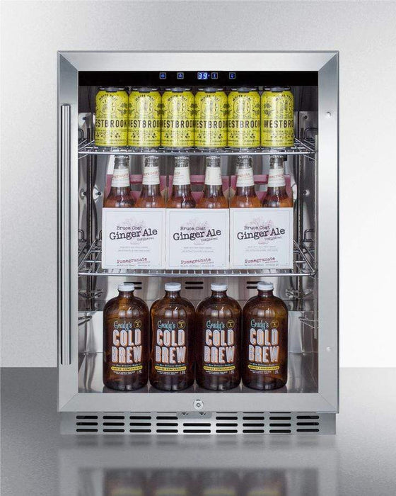Summit 24" Wide Outdoor Beverage Center / 5.0 cu.ft. Capacity, Stainless Steel Wrapped Cabinet, Double Pane Tempered Glass Door, Stainless Steel Interior, Factory Installed Lock, Digital Thermostat, Reversible Door / SCR611GLOS