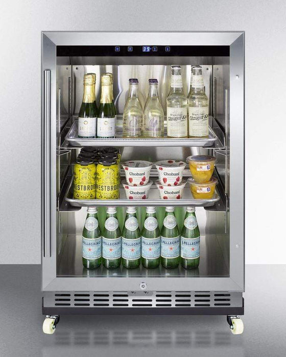 Summit 24" Wide Outdoor Mini Reach-In Beverage Center with Dolly / 5.0 cu.ft. Capacity, Heavy-duty tray holders, Half-sheet aluminum pans, Three adjustable chrome shelves, Stainless steel wrapped cabinet / SCR611GLOSRI
