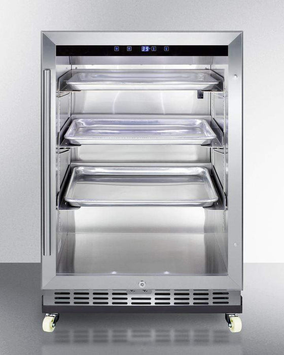 Summit 24" Wide Outdoor Mini Reach-In Beverage Center with Dolly / 5.0 cu.ft. Capacity, Heavy-duty tray holders, Half-sheet aluminum pans, Three adjustable chrome shelves, Stainless steel wrapped cabinet / SCR611GLOSRI