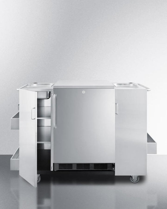 Summit Outdoor Serving Cart with Space for 24" Wide Refrigerator / Three Exterior Shelves, Magnetic Locking Doors, Removable Countertop, Two Professional Towel Bar Handles, Removable Ice Trays / CartOS