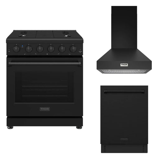 Thor Kitchen 30-inch black 3-piece appliance package: LRG3001UB range, TRH30PB hood and TDW24C7B dishwasher