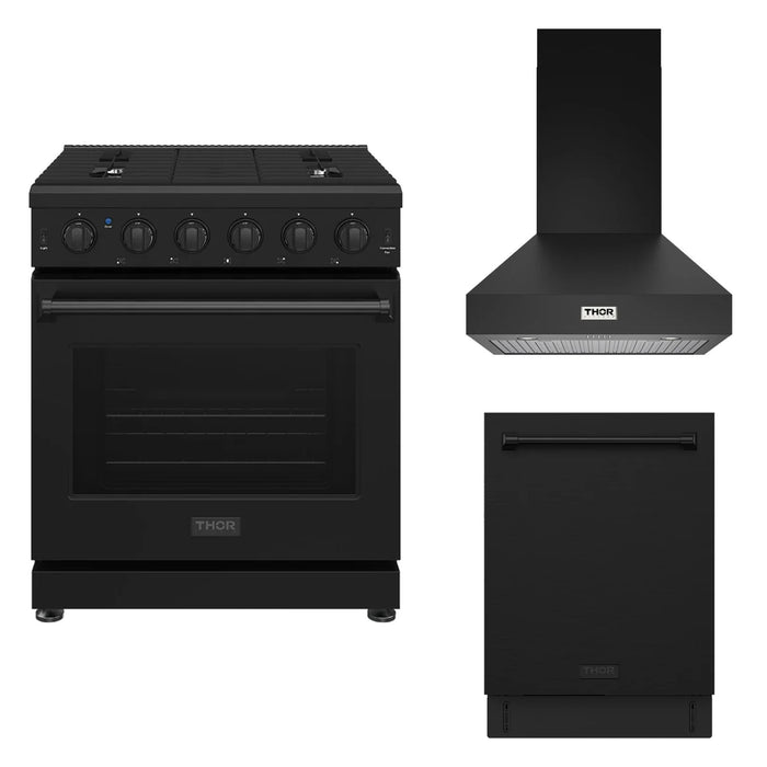 Thor Kitchen 30-inch black 3-piece appliance package: LRG3001UB range, TRH30PB hood and TDW24C7B dishwasher