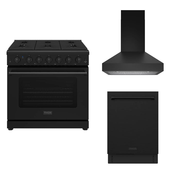 Thor Kitchen 36-inch black 3-piece appliance package: LRG3601UB range, TRH36PB hood and TDW24C7B dishwasher