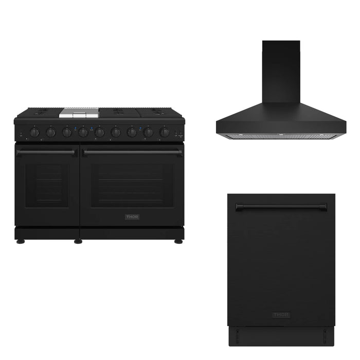 Thor Kitchen 48-inch black 3-piece appliance package: LRG4807UB range, TRH48PB hood and TDW24C7B dishwasher