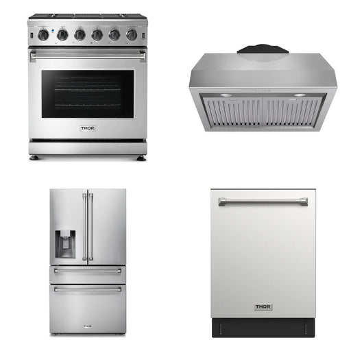 Thor Kitchen 30-inch stainless steel 4-piece appliance package: LRG3001U range, TRH3005 hood, TRF3601FD refrigerator and TDW24C7 dishwasher