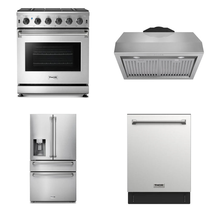 Thor Kitchen 30-inch stainless steel 4-piece appliance package: LRG3001U range, TRH3005 hood, TRF3601FD refrigerator and TDW24C7 dishwasher