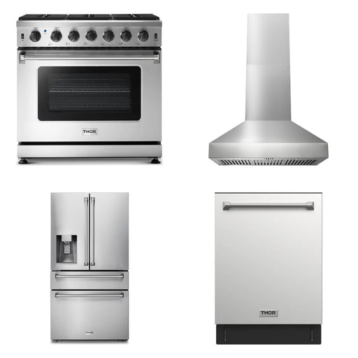 Thor Kitchen 36-inch stainless steel 4-piece appliance package: LRG3601U range, TRH36P hood, TRF3601FD refrigerator and TDW24C7 dishwasher