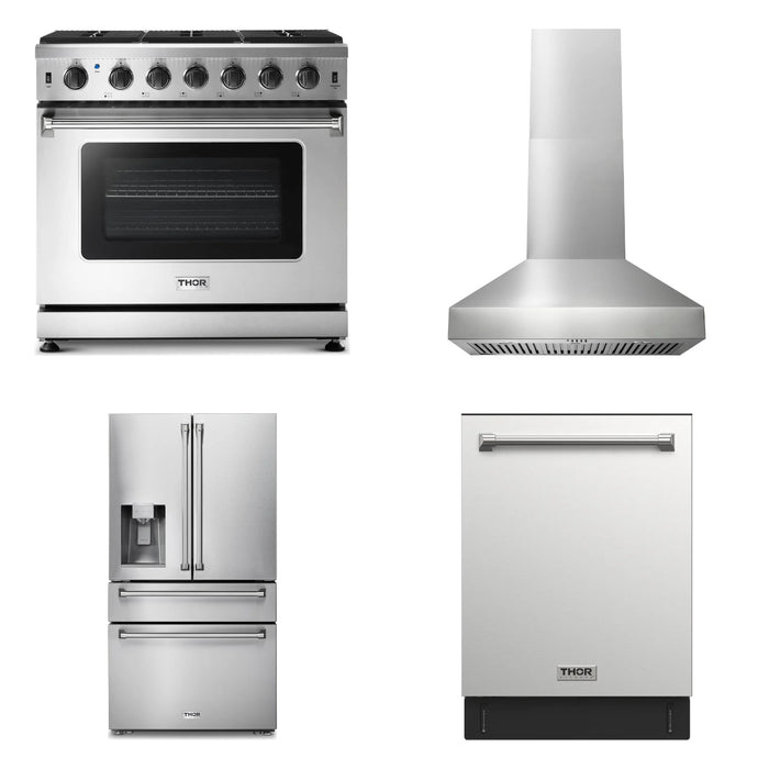 Thor Kitchen 36-inch stainless steel 4-piece appliance package: LRG3601U range, TRH36P hood, TRF3601FD refrigerator and TDW24C7 dishwasher