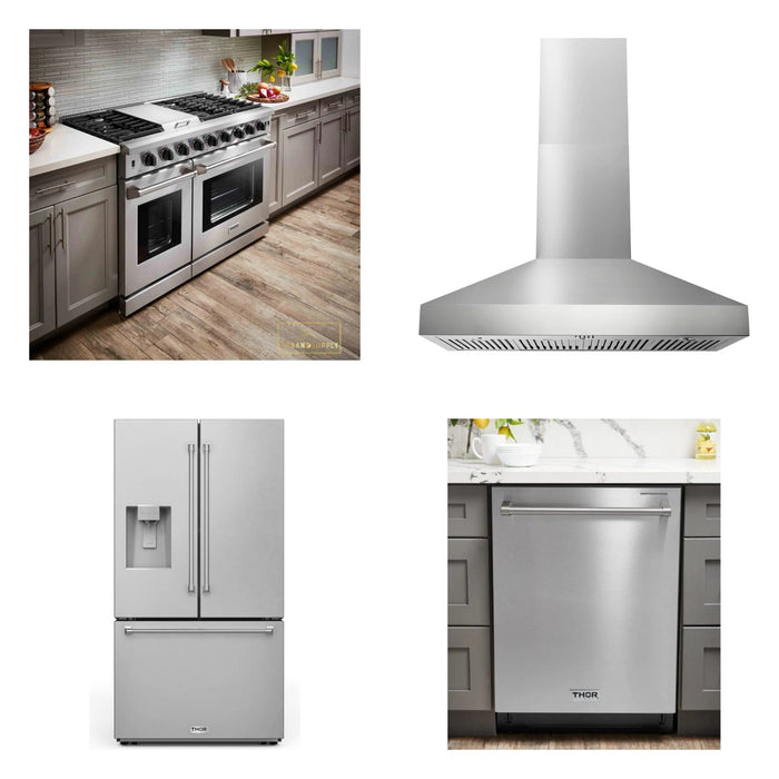 Thor Kitchen 48-inch stainless steel 4-piece appliance package: LRG4807U range, TRH48P hood, TRF3628FFD refrigerator and HDW2401SS dishwasher