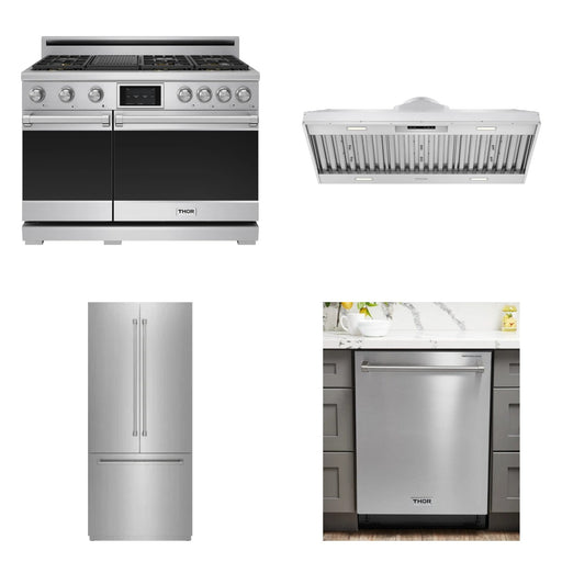 Thor Kitchen 48-inch stainless steel 4-piece appliance package: XRD48E range, XLH48 hood, XRF3619BFP-SS refrigerator and HDW2401SS dishwasher