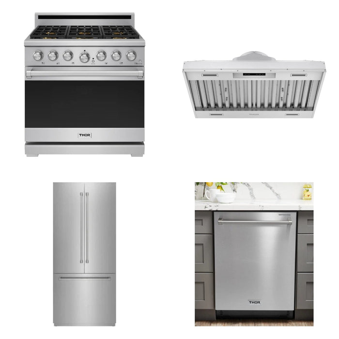 Thor Kitchen 36-inch stainless steel 4-piece appliance package: XRG36E range, XLH36 hood, XRF3619BFP-SS refrigerator and HDW2401SS dishwasher