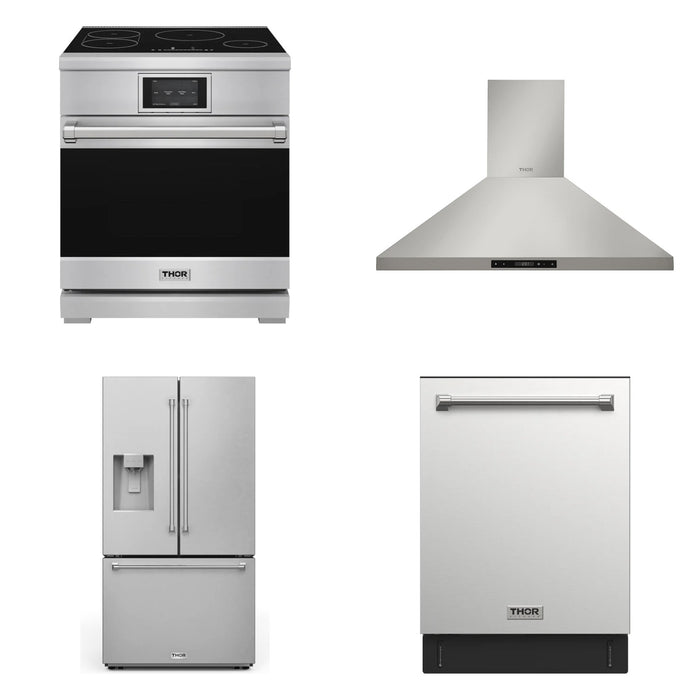 Thor Kitchen 30-inch stainless steel 4-piece appliance package: XRI30E range, HRH3007 hood, TRF3628FFD refrigerator and TDW24C7 dishwasher