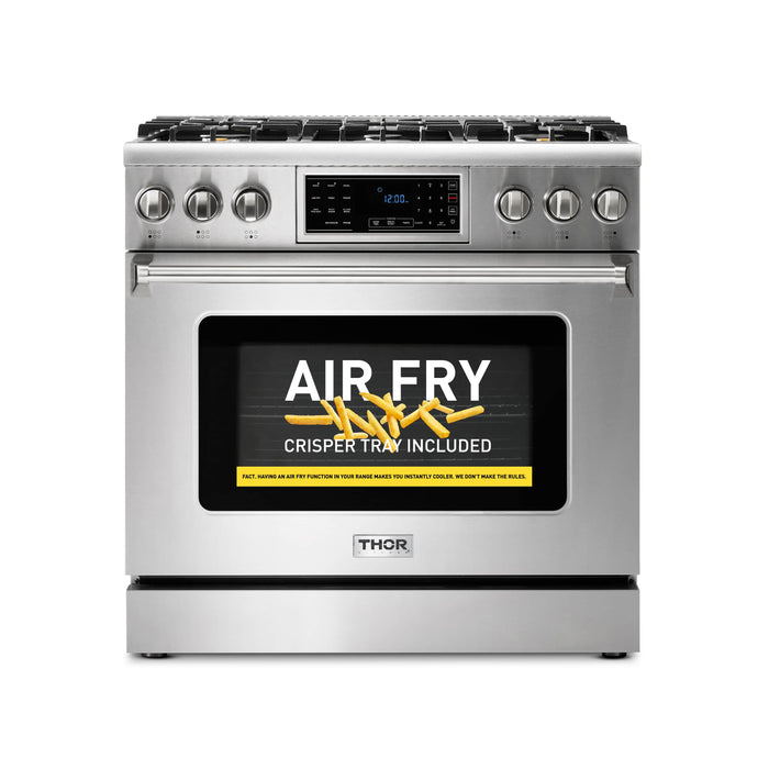 Thor Kitchen 36" Gas Range with 6.0 Cu. Ft. Self-Cleaning Oven, Air Fryer, Tilt Panel in Stainless Steel (TRG3601) Thor Kitchen