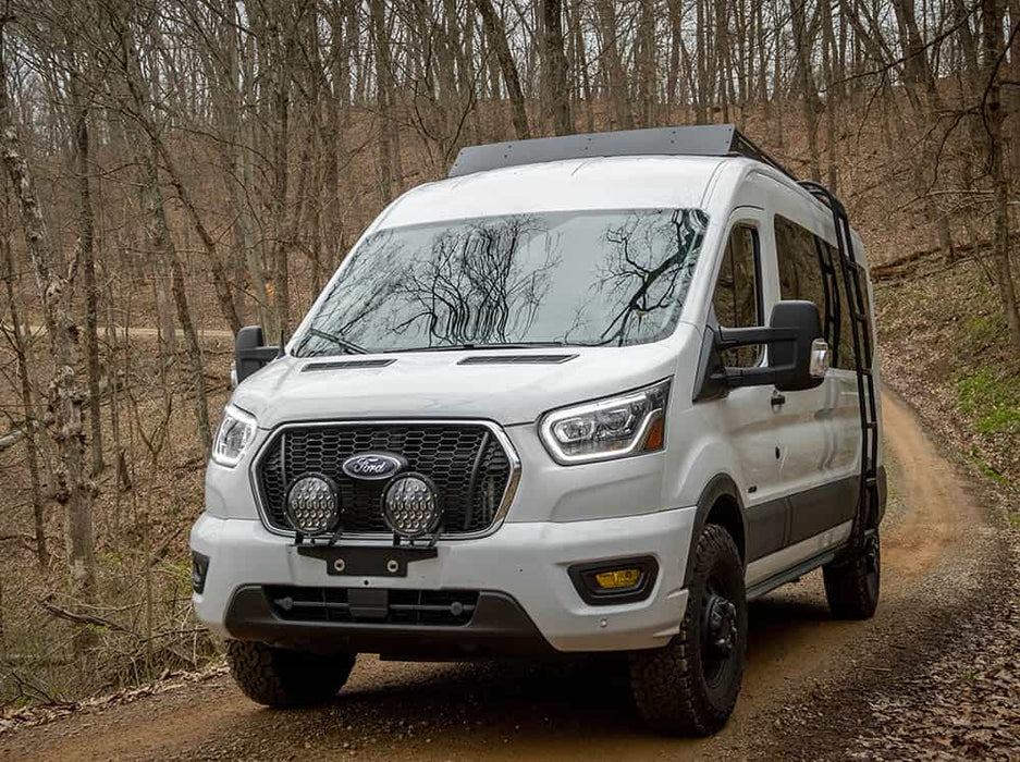 Flatline 2015-2025 Ford Transit 148" Mid Roof Low Pro Roof Rack With Light Bar Fairing – installed on vehicle, image 4 of 13